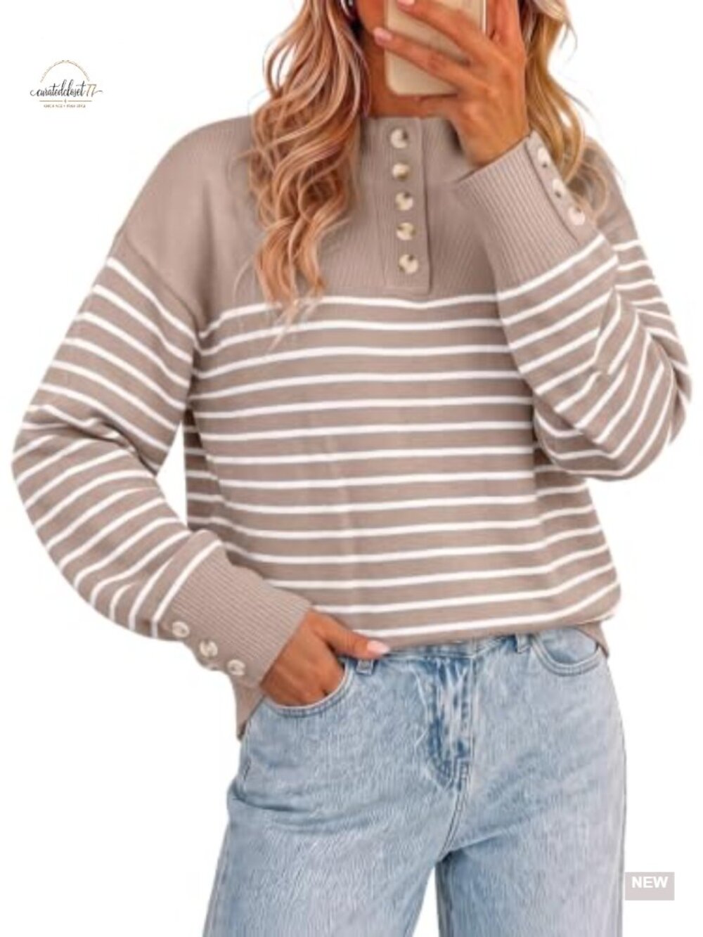 Striped Sweater Pullover Collared Half Button Drop Shoulder Loose Fit Long